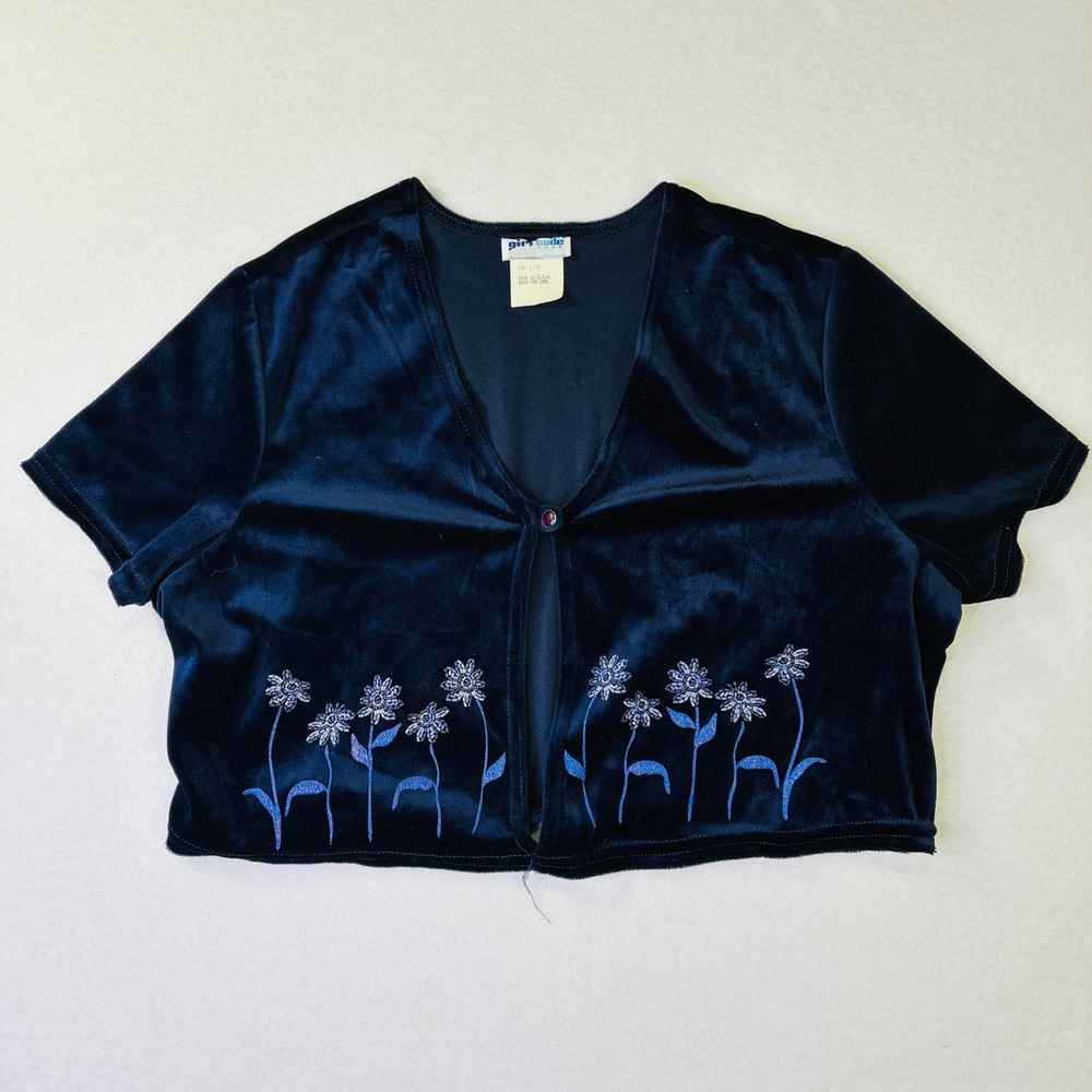 Vintage 90's Girl Code Navy Blue Velvet Embroidered Floral Cropped Cardigan 18.5